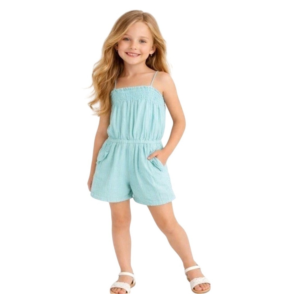 Janie and Jack Girls Blue Gold Lurex Striped Smocked Lightweight Romper Size 8